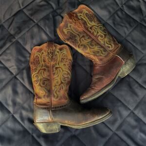 Justin Womens Dark Brown Teal L2552 Stampede Square Toe Cowboy Boots Size 8 B